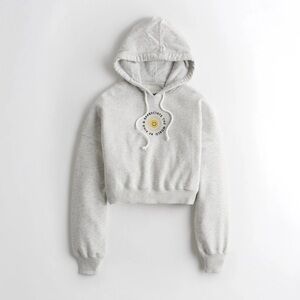 Hollister Women's Gray Fleece Lined Cropped Hooded Sweatshirt Be Kind Sun Sz XS